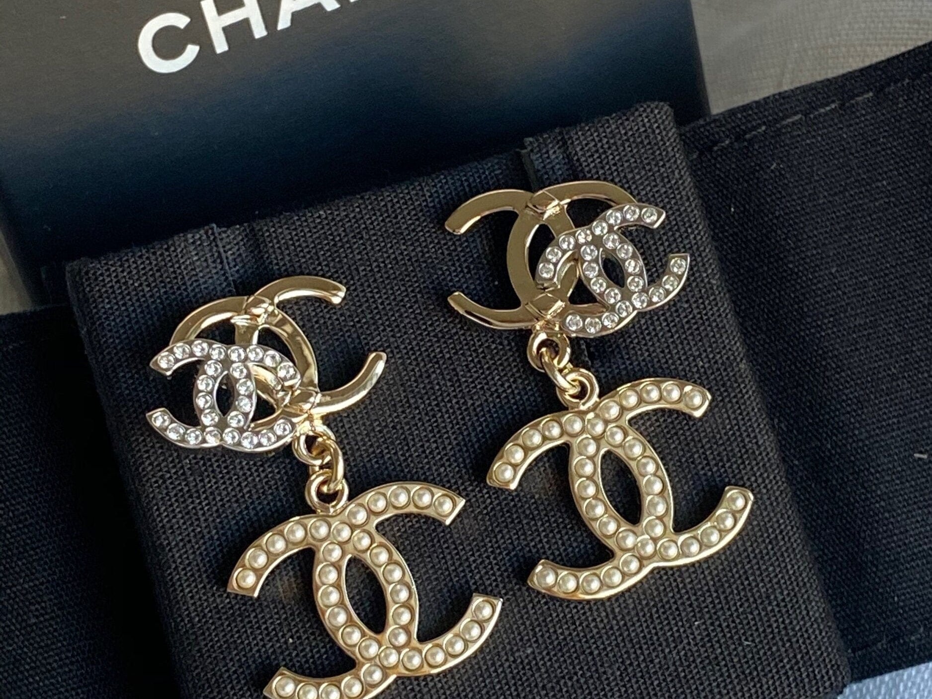 CHANEL Earrings Chanel Triple CC Pearly White Earrings Light Gold and Silver -Knockoff
