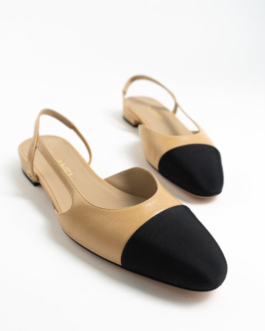 CHANEL Flats Chanel Black Beige Cap Toe Slingback Flats- Size 38.5 -Knockoff
