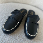 CHANEL Flats Chanel Black Leather CC Pearl Embellished Flat Loafers 40 -Knockoff
