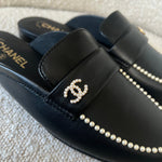 CHANEL Flats Chanel Black Leather CC Pearl Embellished Flat Loafers 40 -Knockoff
