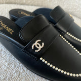 CHANEL Flats Chanel Black Leather CC Pearl Embellished Flat Loafers 40 -Knockoff
