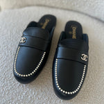 CHANEL Flats Chanel Black Leather CC Pearl Embellished Flat Loafers 40 -Knockoff
