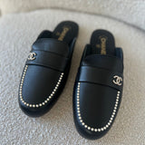 CHANEL Flats Chanel Black Leather CC Pearl Embellished Flat Loafers 40 -Knockoff
