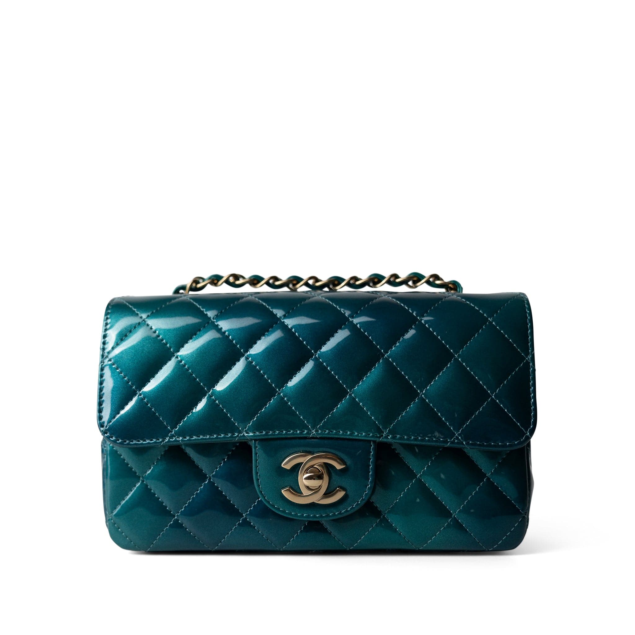 CHANEL Green 23P Multi Tone Green Patent Quilted Mini Rectangular Flap Light Gold Hardware -Knockoff
