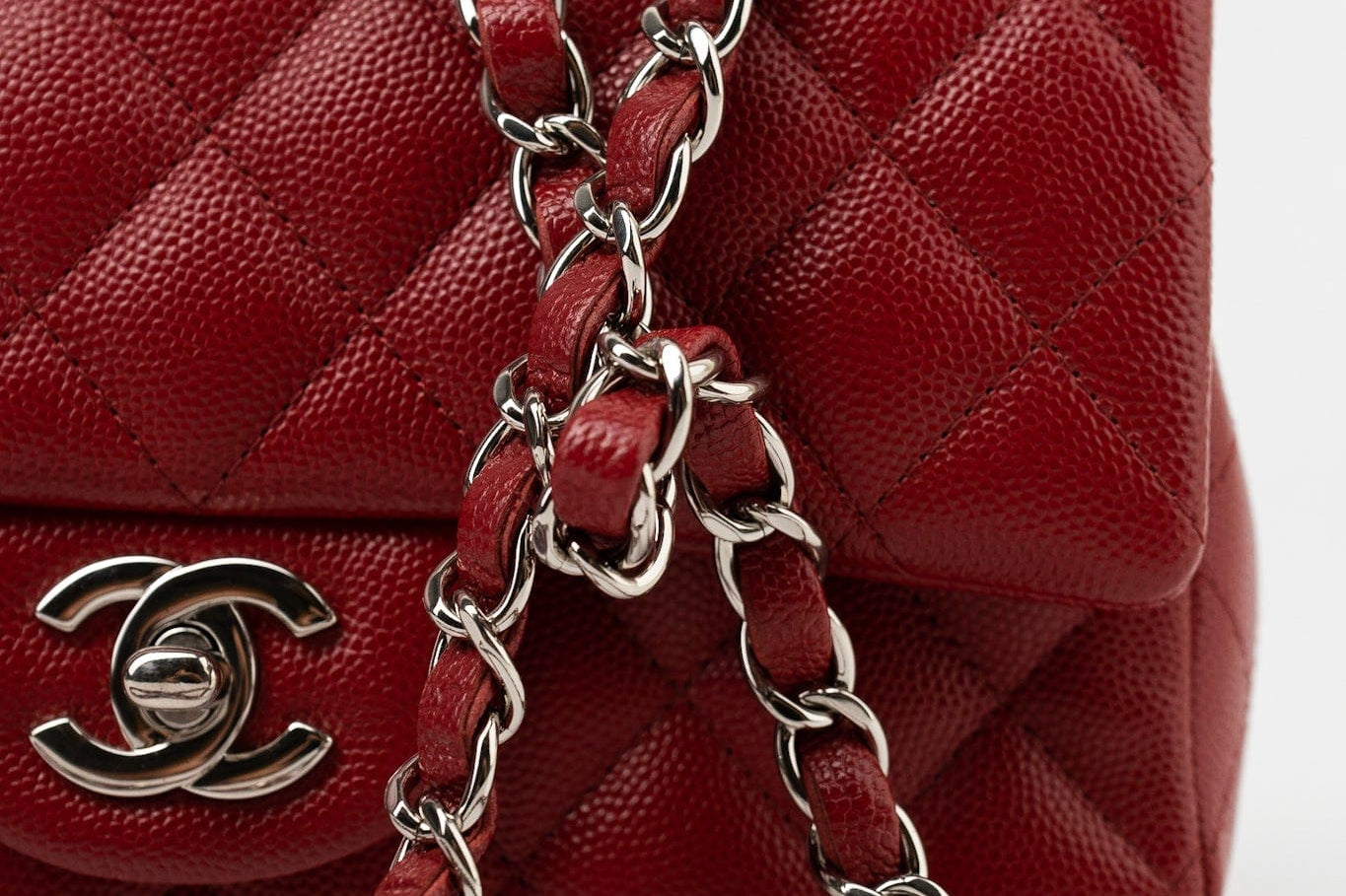 CHANEL Handbag 17B Mini Rectangular Red Caviar Quilted Flap Silver Hardware’s -Knockoff
