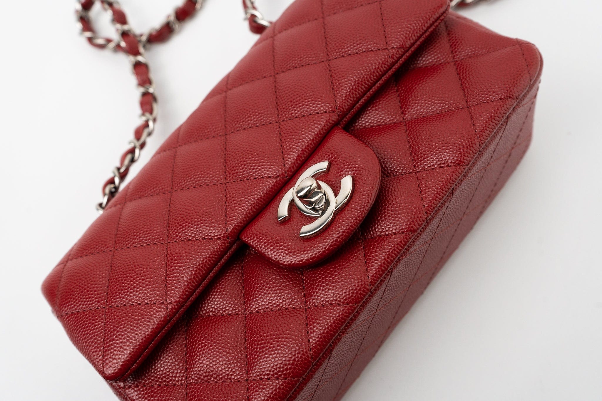 CHANEL Handbag 17B Mini Rectangular Red Caviar Quilted Flap Silver Hardware’s -Knockoff
