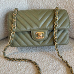 Chanel Handbag 17C Khaki Green Chevron Calfskin Mini Rectangular Flap Brushed GHW -Knockoff
