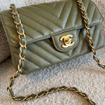 Chanel Handbag 17C Khaki Green Chevron Calfskin Mini Rectangular Flap Brushed GHW -Knockoff
