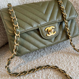 Chanel Handbag 17C Khaki Green Chevron Calfskin Mini Rectangular Flap Brushed GHW -Knockoff
