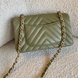 Chanel Handbag 17C Khaki Green Chevron Calfskin Mini Rectangular Flap Brushed GHW -Knockoff
