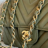 Chanel Handbag 17C Khaki Green Chevron Calfskin Mini Rectangular Flap Brushed GHW -Knockoff
