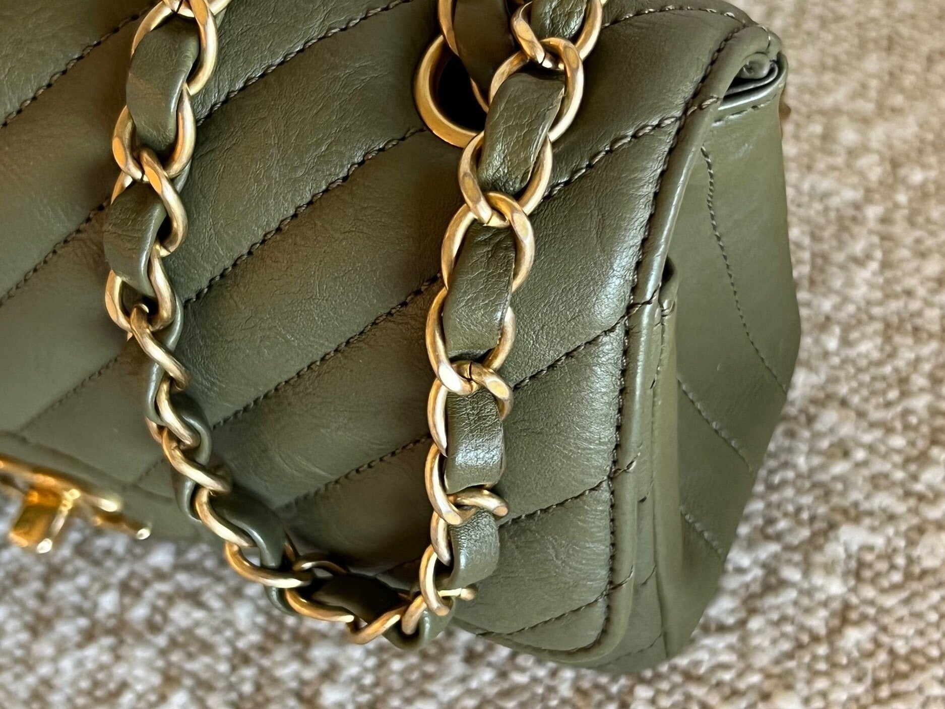 Chanel Handbag 17C Khaki Green Chevron Calfskin Mini Rectangular Flap Brushed GHW -Knockoff
