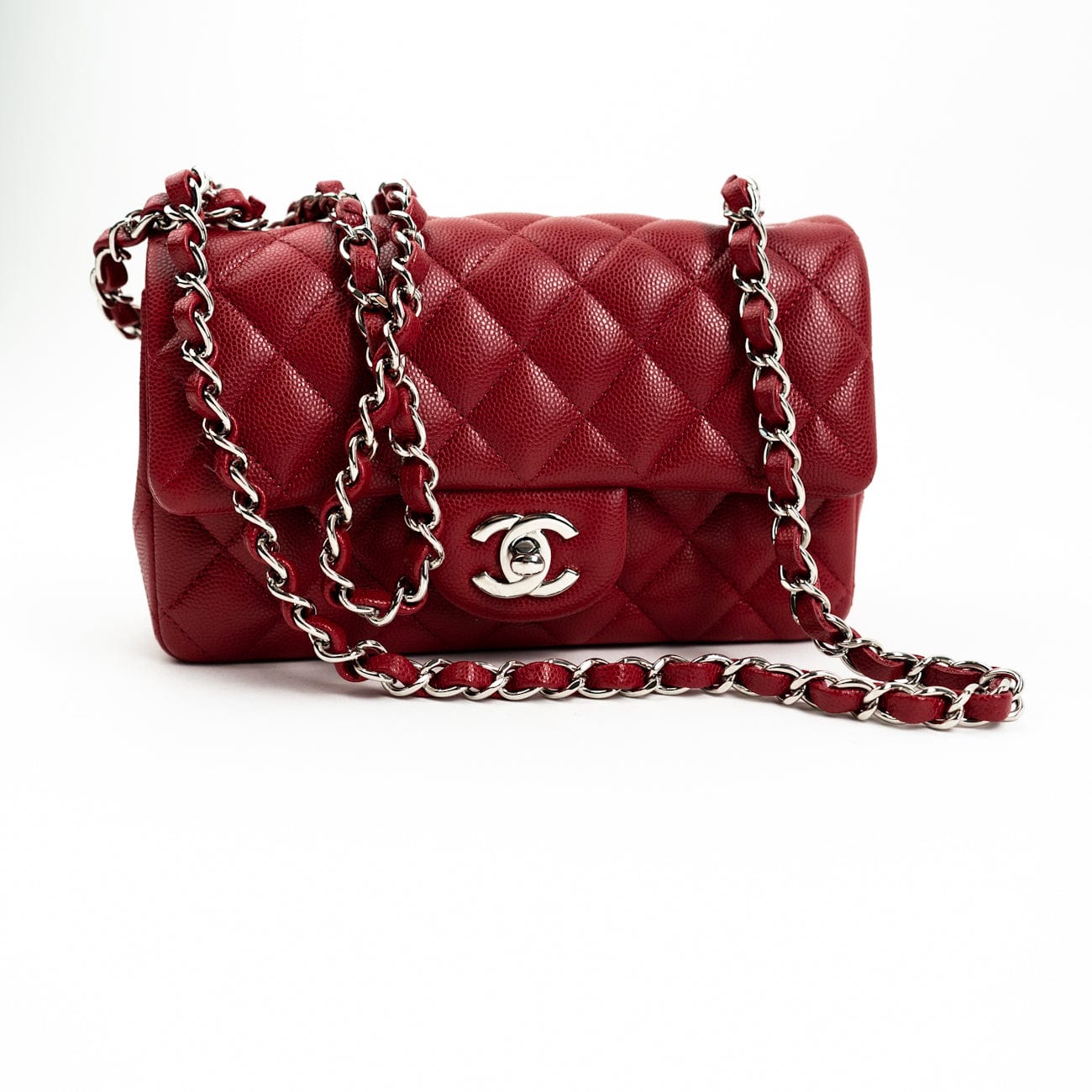 CHANEL Handbag 18B Raspberry Red Caviar Quilted Mini Rectangular Single Flap with Silver Hardware -Knockoff
