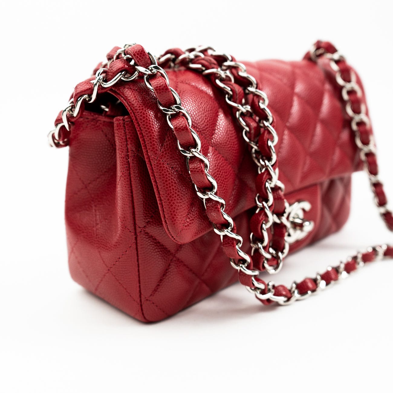 CHANEL Handbag 18B Raspberry Red Caviar Quilted Mini Rectangular Single Flap with Silver Hardware -Knockoff
