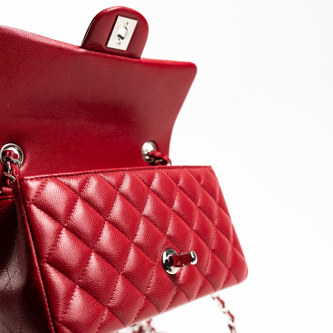 CHANEL Handbag 18B Raspberry Red Caviar Quilted Mini Rectangular Single Flap with Silver Hardware -Knockoff
