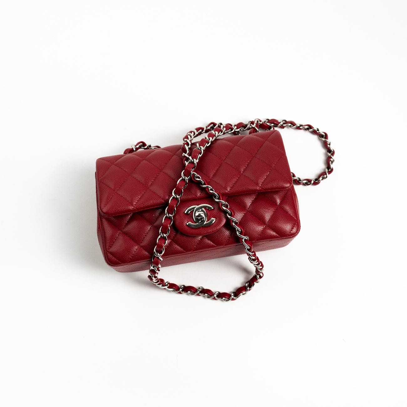 CHANEL Handbag 18B Raspberry Red Caviar Quilted Mini Rectangular Single Flap with Silver Hardware -Knockoff
