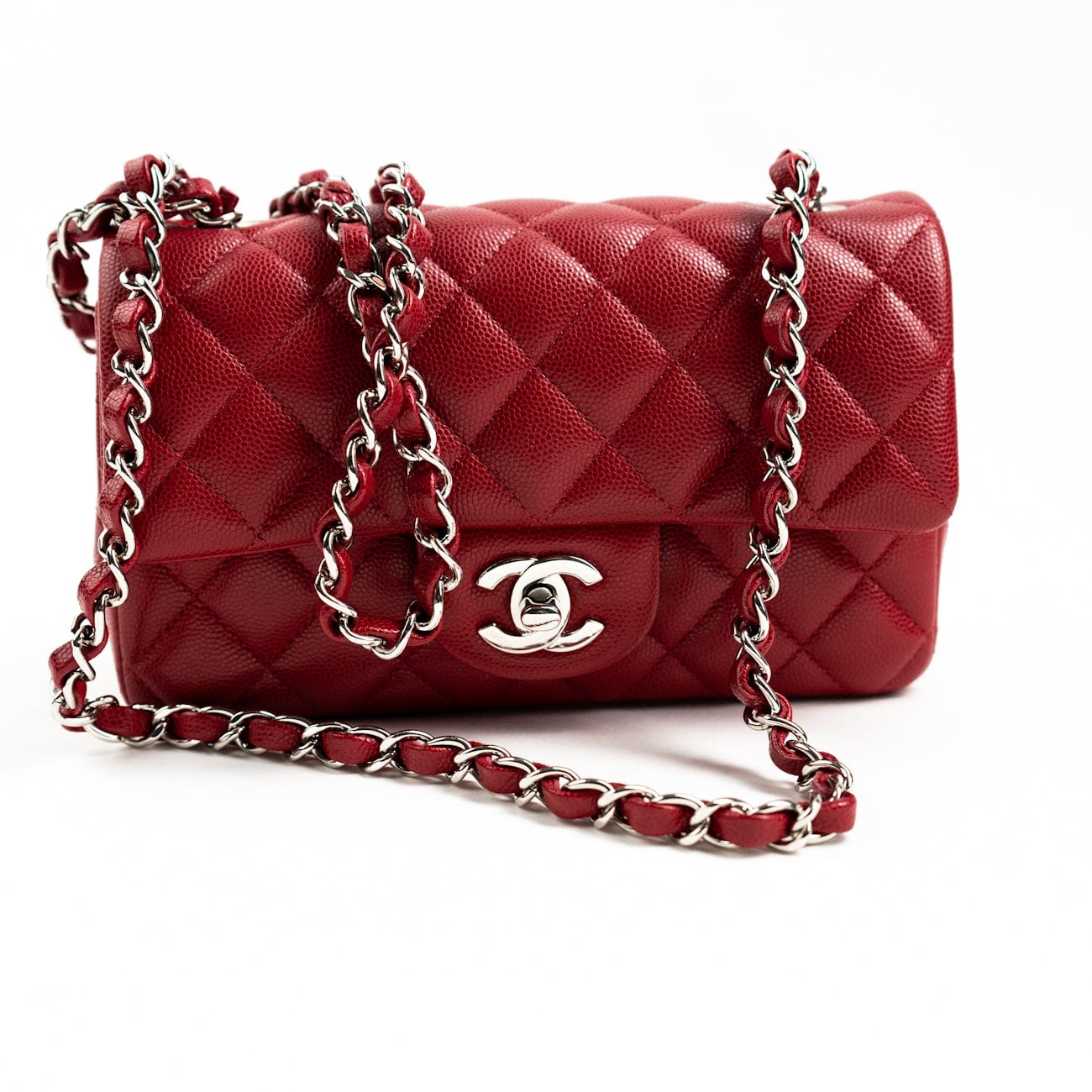 CHANEL Handbag 18B Raspberry Red Caviar Quilted Mini Rectangular Single Flap with Silver Hardware -Knockoff
