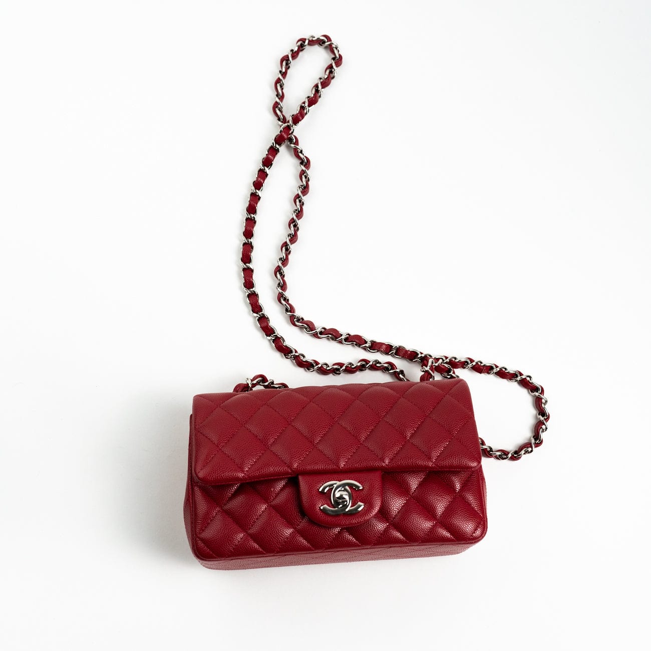 CHANEL Handbag 18B Raspberry Red Caviar Quilted Mini Rectangular Single Flap with Silver Hardware -Knockoff
