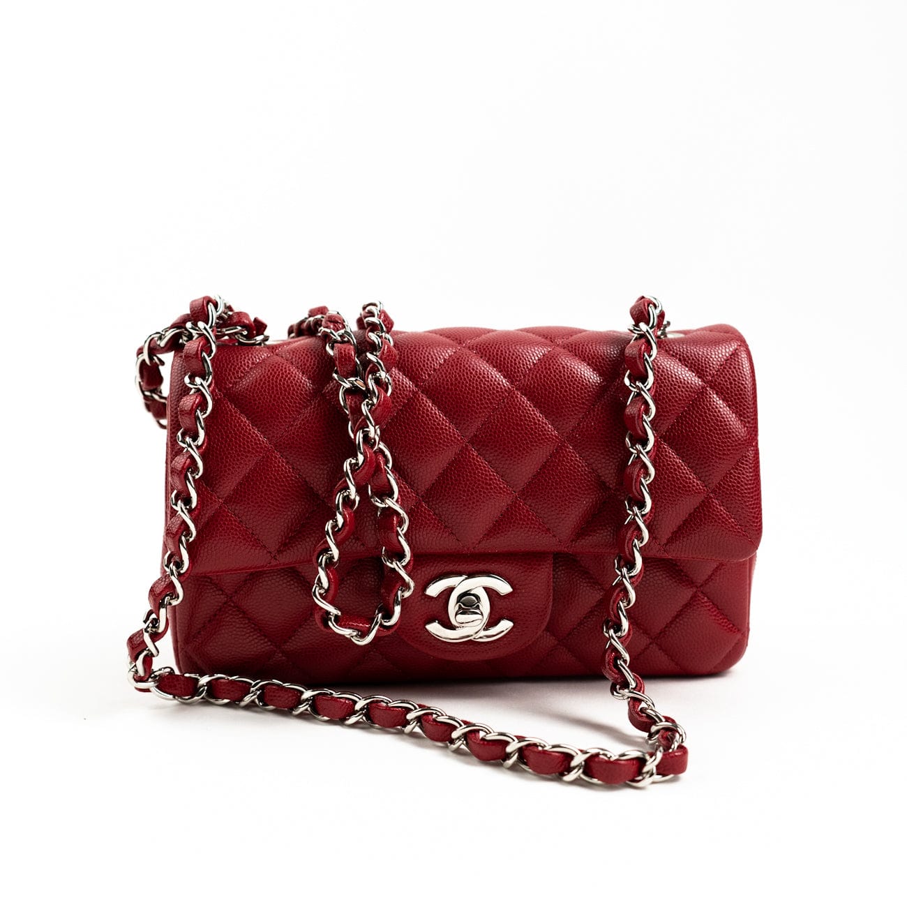 CHANEL Handbag 18B Raspberry Red Caviar Quilted Mini Rectangular Single Flap with Silver Hardware -Knockoff
