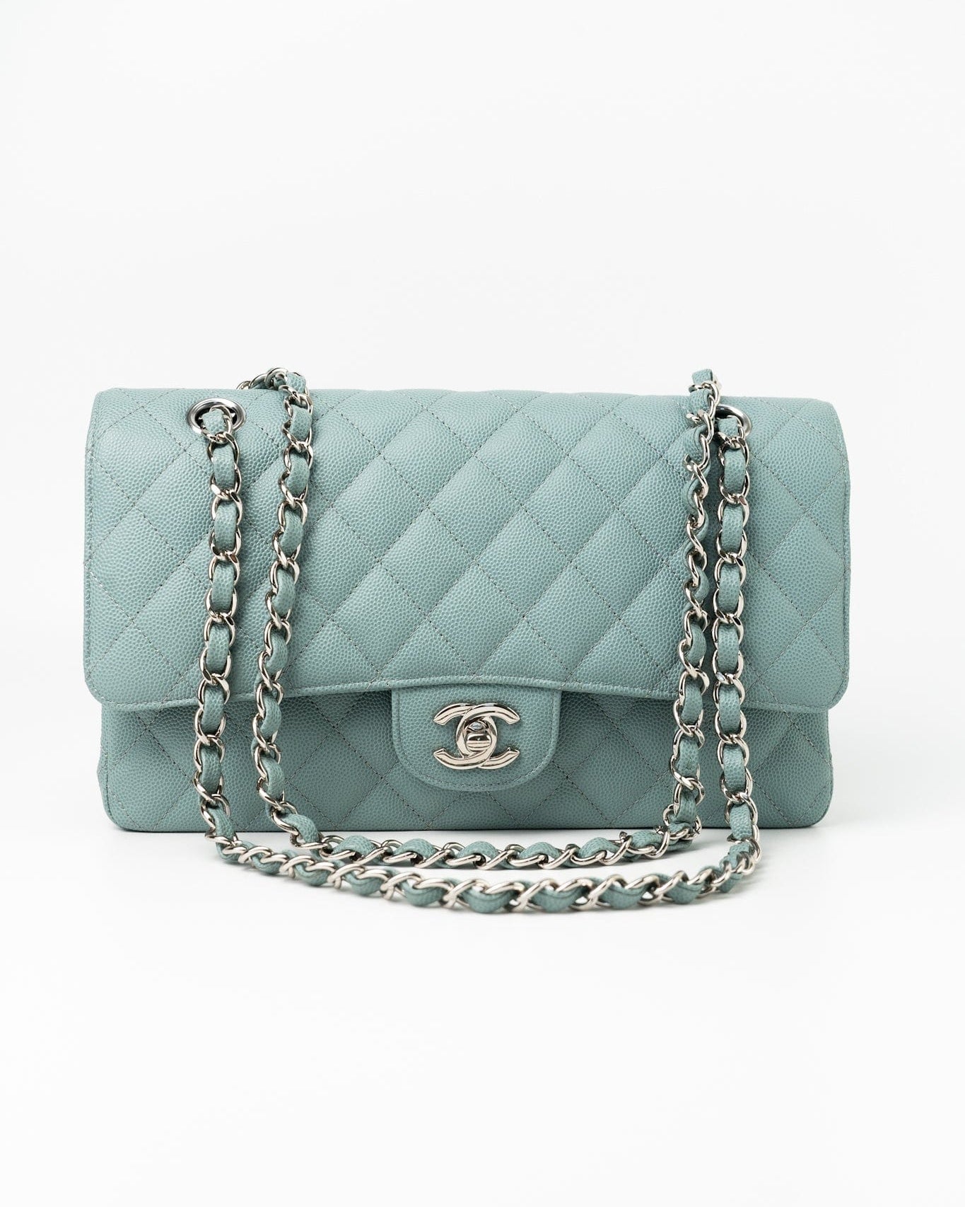 CHANEL Handbag 18C Light Blue Caviar Quilted Medium Classic Flap Edge Stitching Silver Hardware -Knockoff
