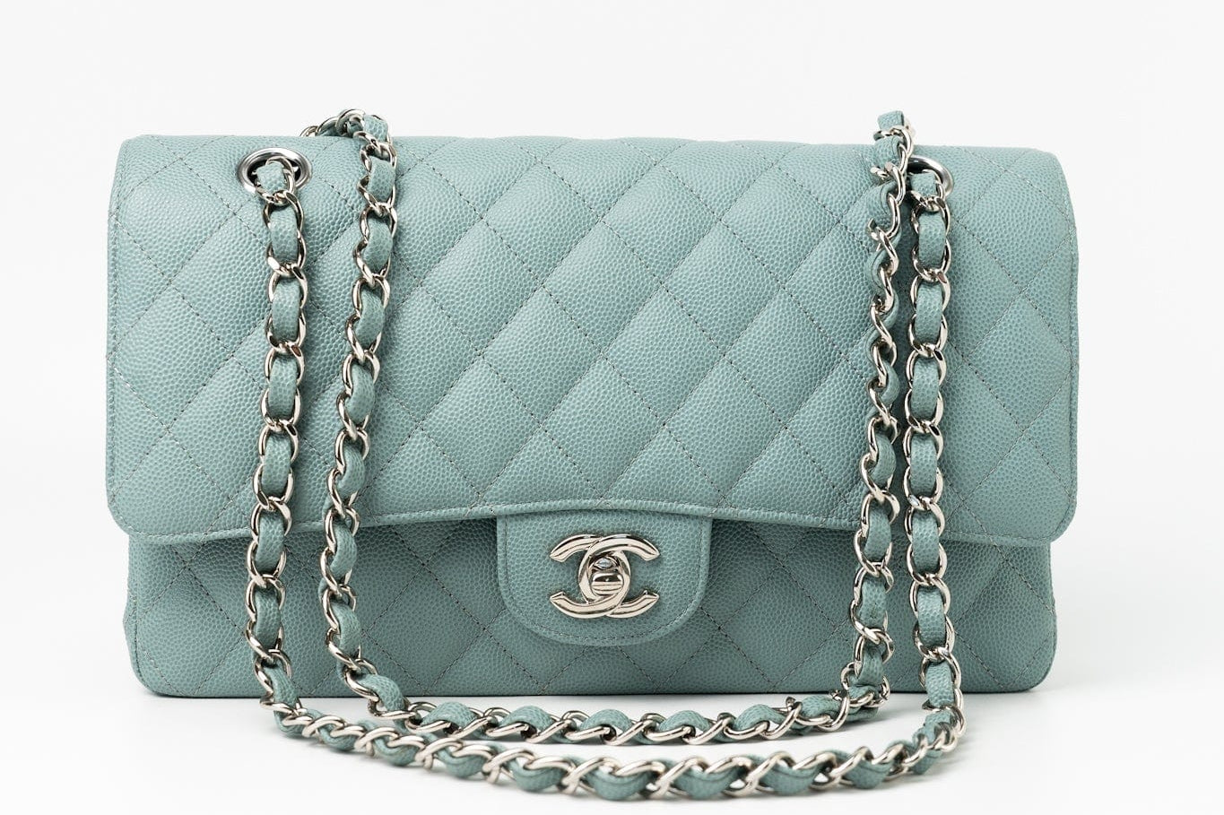 CHANEL Handbag 18C Light Blue Caviar Quilted Medium Classic Flap Edge Stitching Silver Hardware -Knockoff
