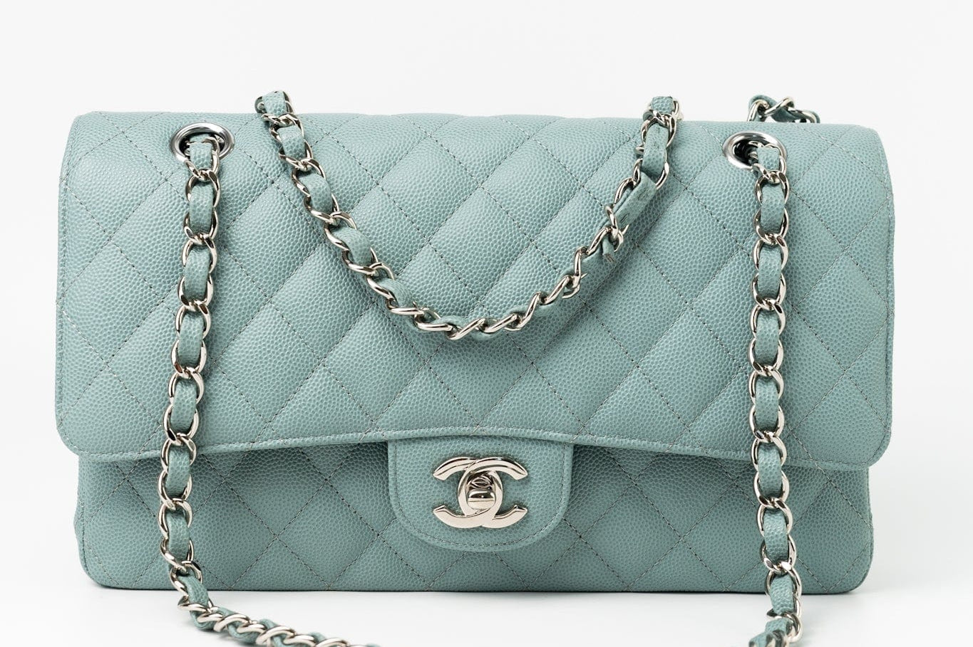 CHANEL Handbag 18C Light Blue Caviar Quilted Medium Classic Flap Edge Stitching Silver Hardware -Knockoff
