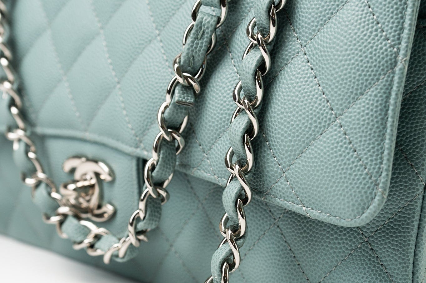 CHANEL Handbag 18C Light Blue Caviar Quilted Medium Classic Flap Edge Stitching Silver Hardware -Knockoff
