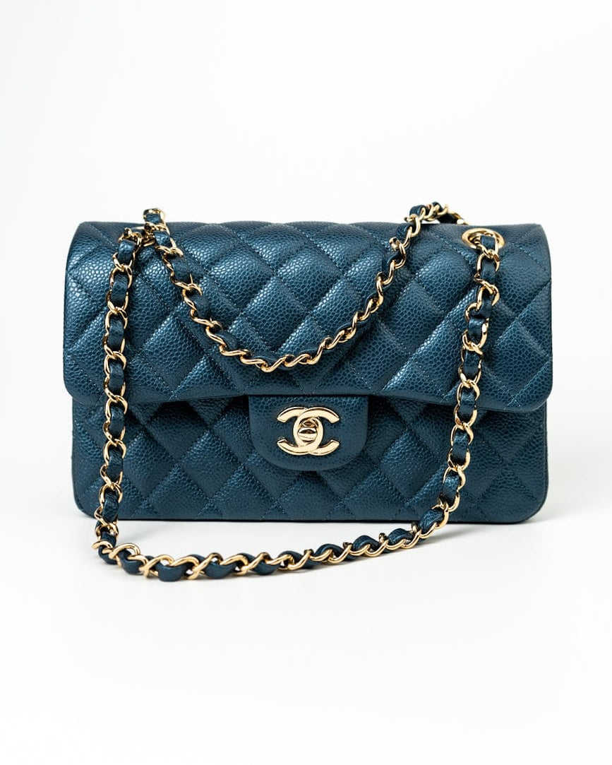 CHANEL Handbag 18S Dark Blue Small Caviar Quilted Classic Double Flap Light Gold Hardware -Knockoff
