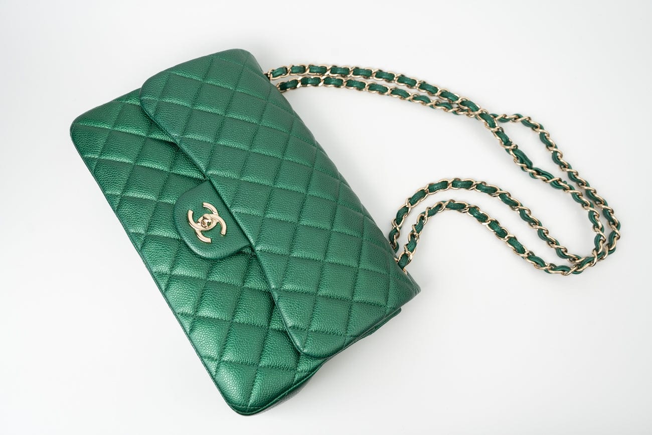 CHANEL Handbag 18S Emerald Green Caviar Quilted Classic Flap Jumbo Light Gold Hardware -Knockoff
