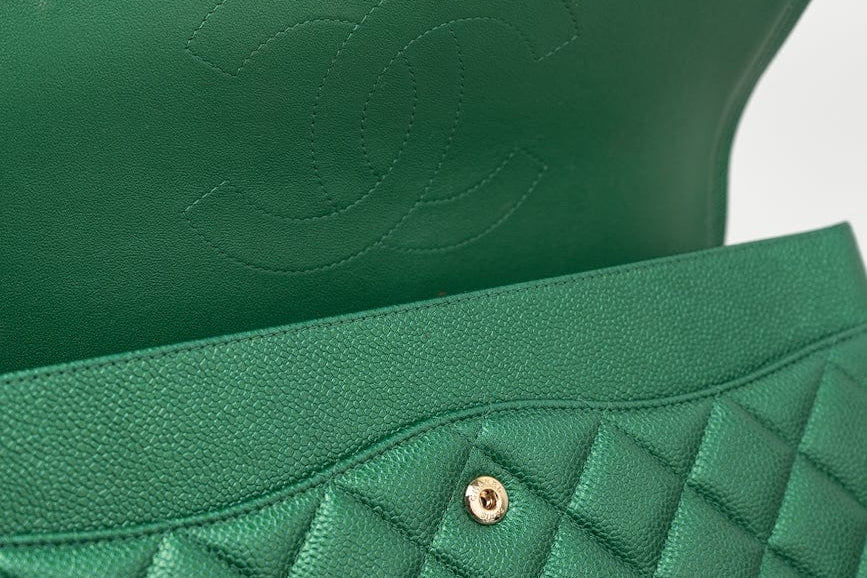 CHANEL Handbag 18S Emerald Green Caviar Quilted Classic Flap Jumbo Light Gold Hardware -Knockoff
