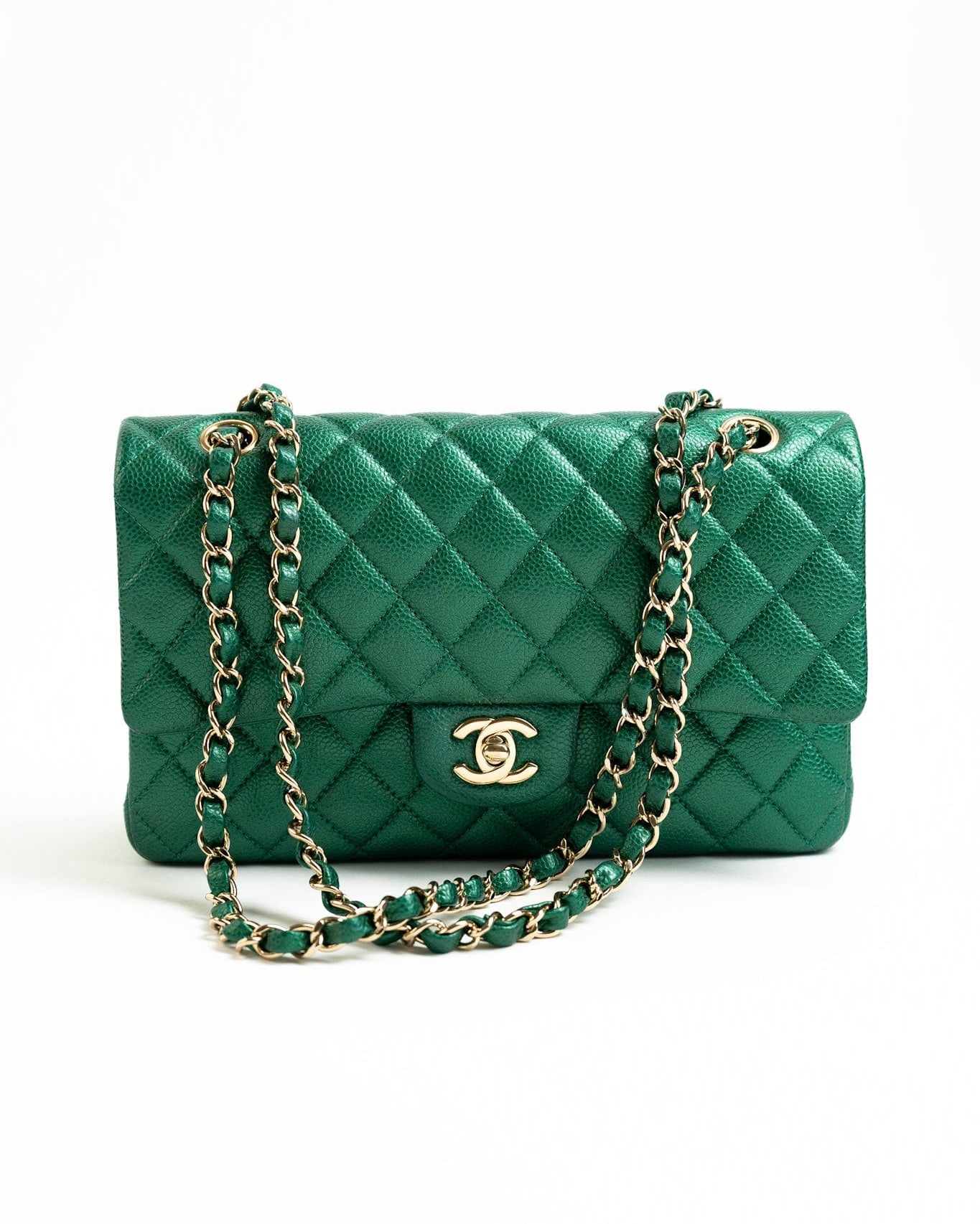 CHANEL Handbag 18S Emerald Green Caviar Quilted Classic Flap Medium Light Gold Hardware -Knockoff
