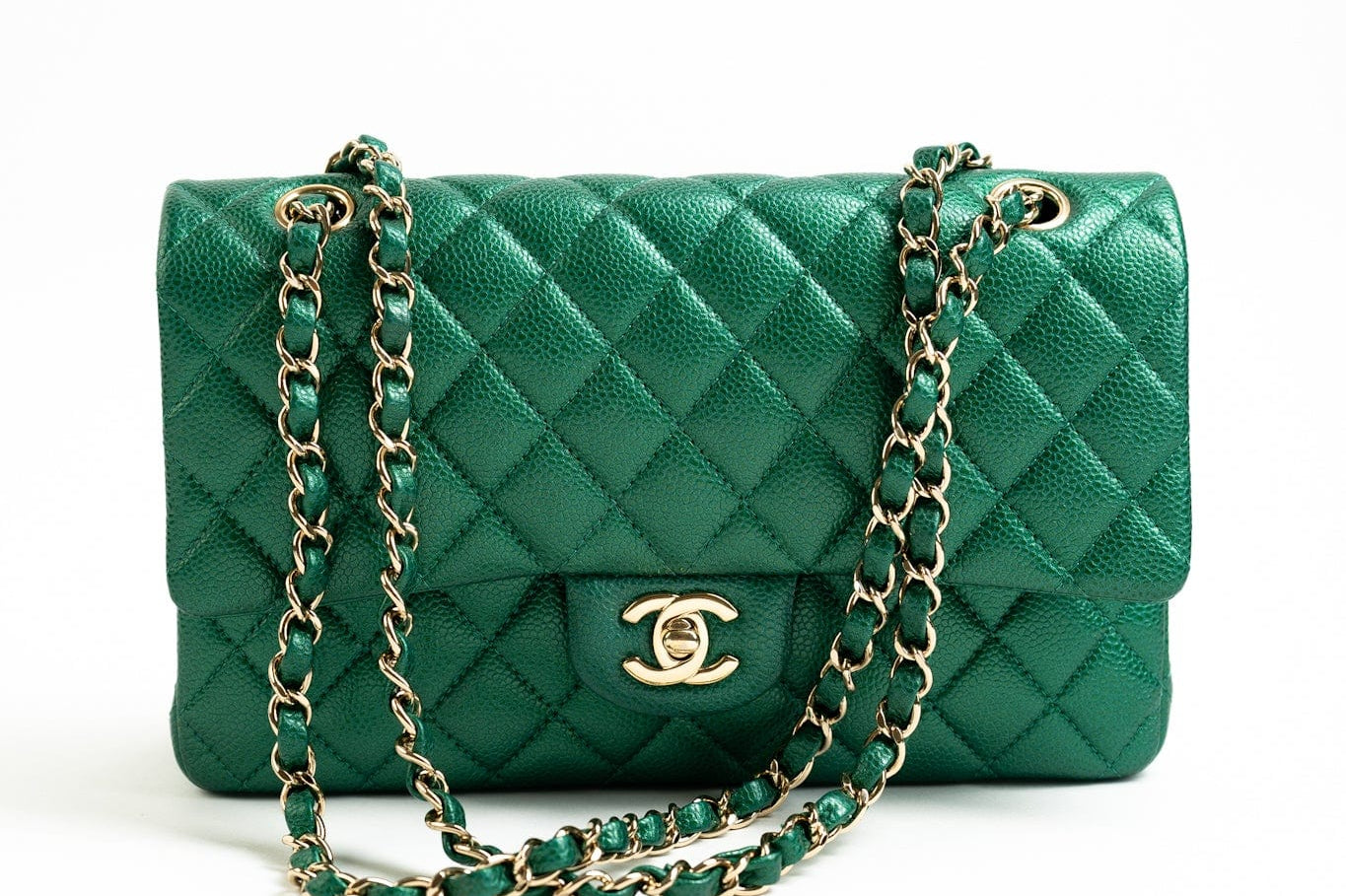 CHANEL Handbag 18S Emerald Green Caviar Quilted Classic Flap Medium Light Gold Hardware -Knockoff
