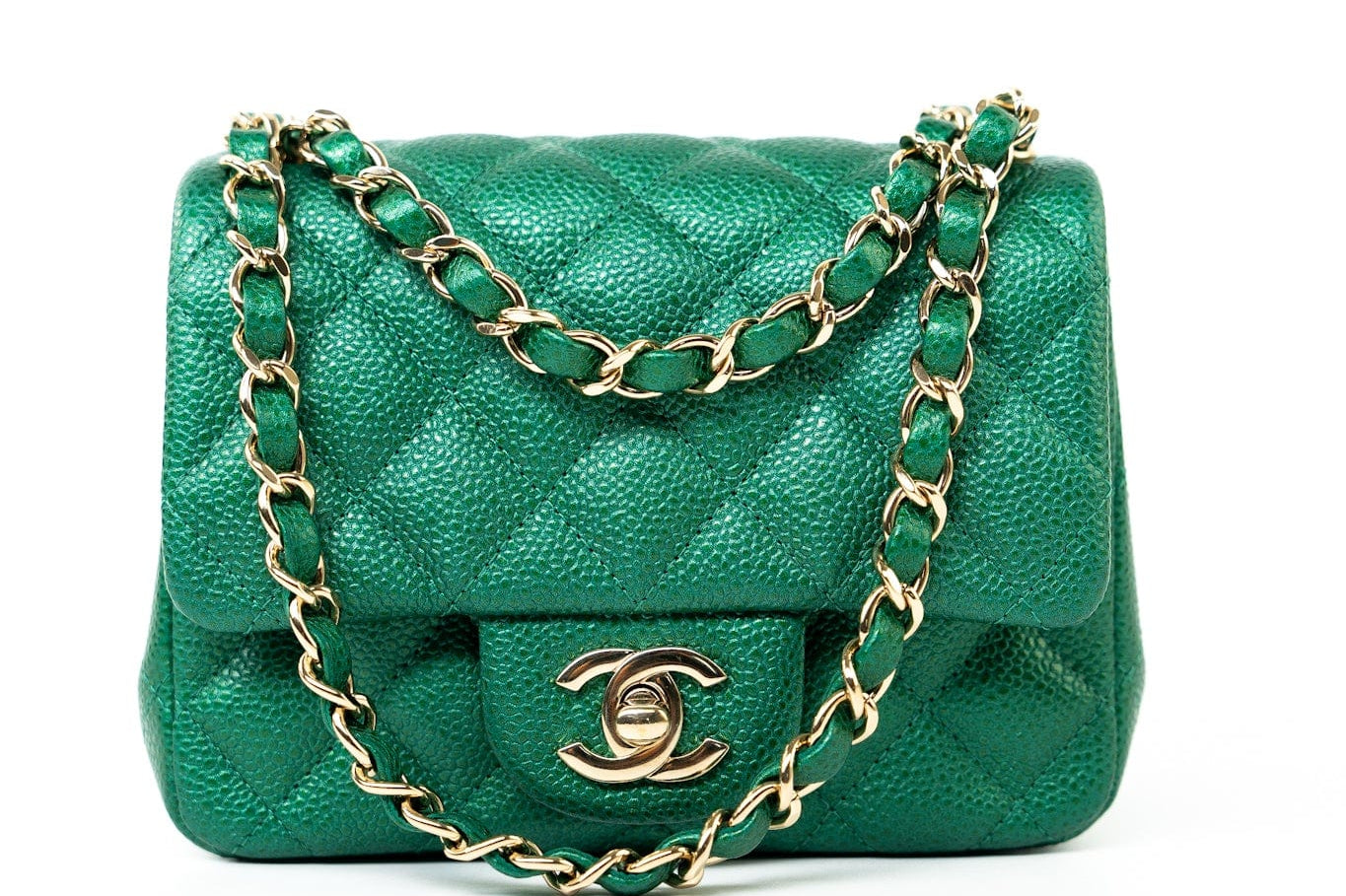 CHANEL Handbag 18S Emerald Green Caviar Quilted Mini Square Light Gold Hardware -Knockoff
