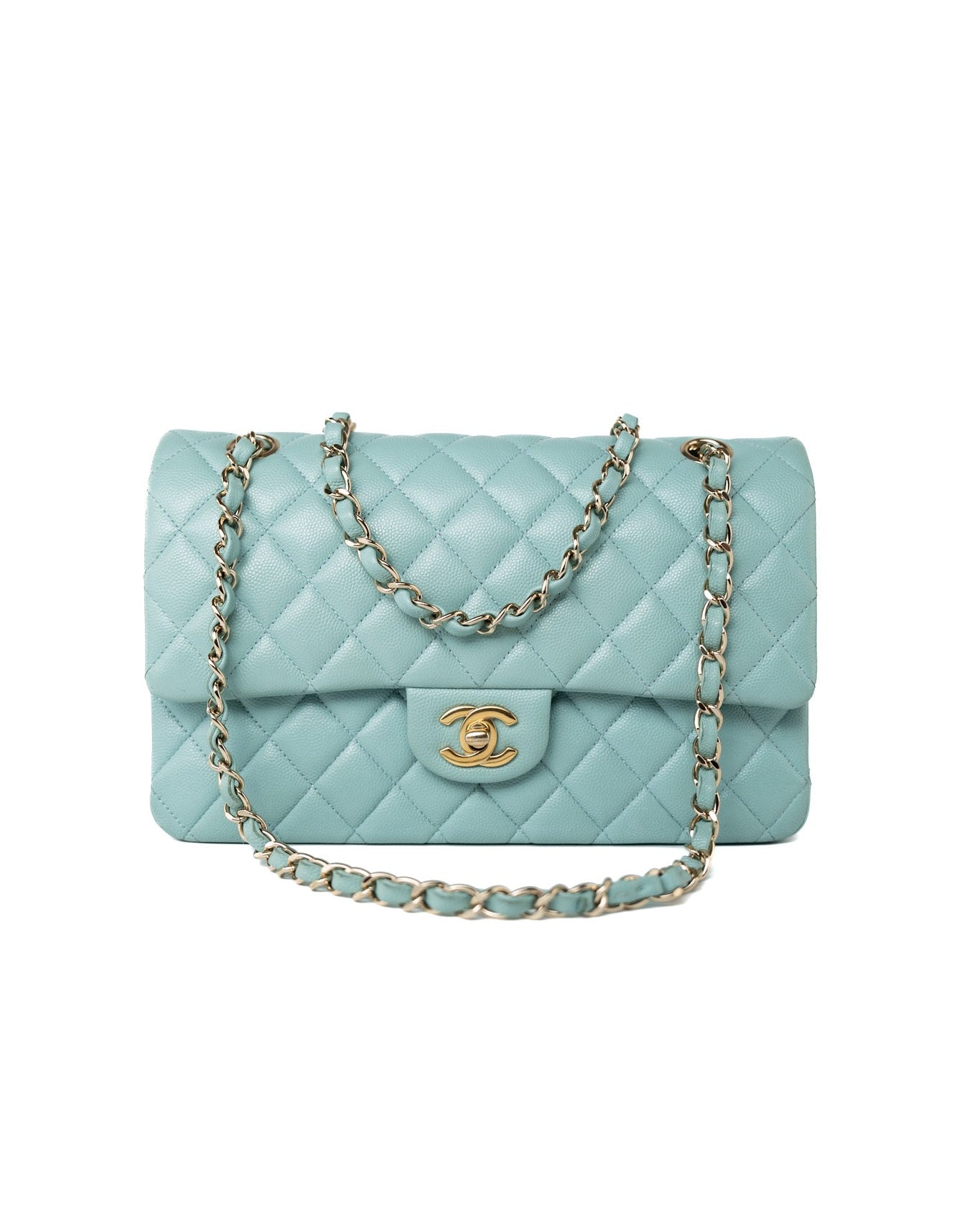 CHANEL Handbag 19c Tiffany Blue Caviar Quilted Classic Flap Light Gold Hardware -Knockoff
