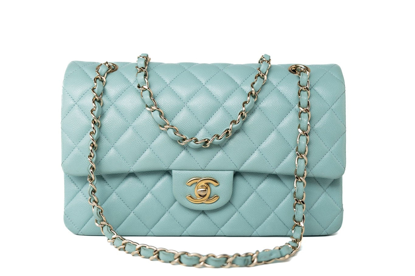 CHANEL Handbag 19c Tiffany Blue Caviar Quilted Classic Flap Light Gold Hardware -Knockoff
