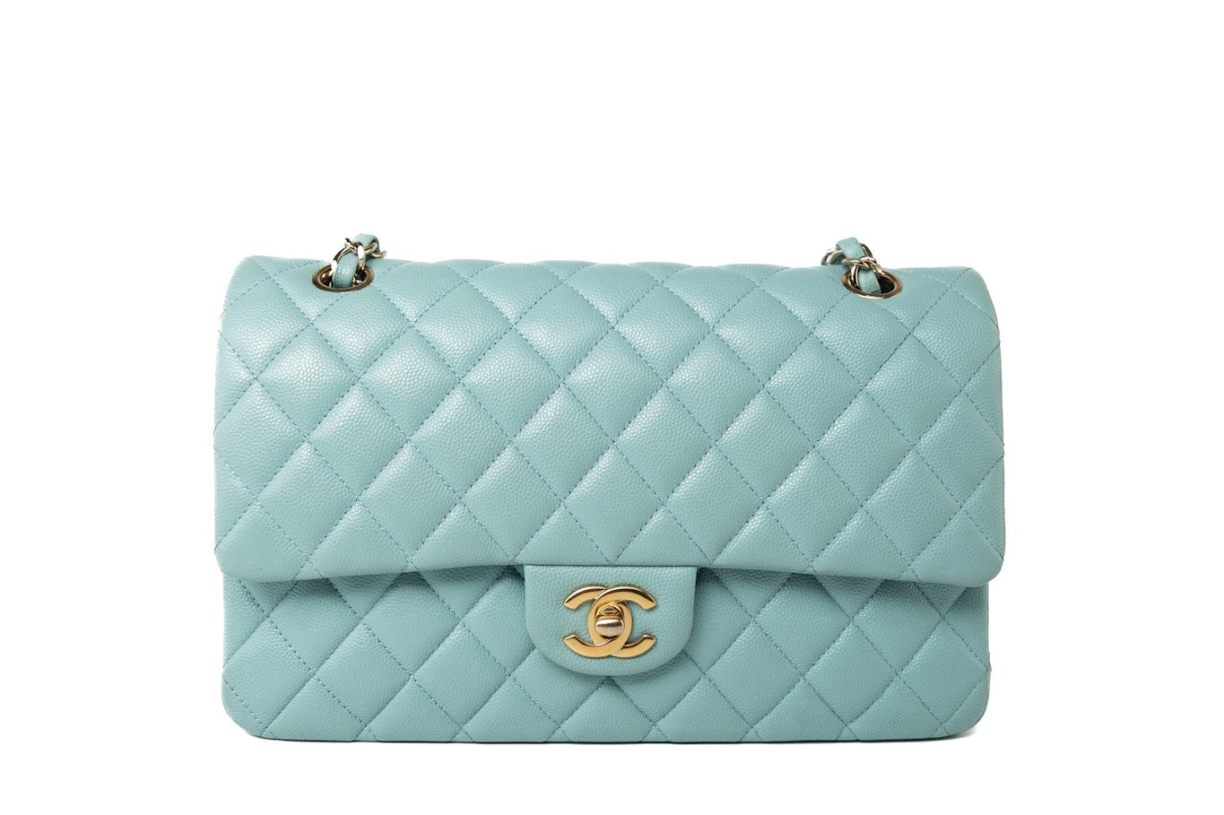 CHANEL Handbag 19c Tiffany Blue Caviar Quilted Classic Flap Light Gold Hardware -Knockoff
