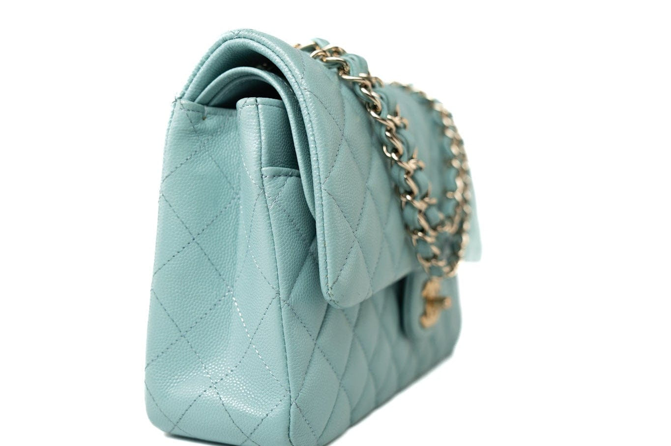 CHANEL Handbag 19c Tiffany Blue Caviar Quilted Classic Flap Light Gold Hardware -Knockoff
