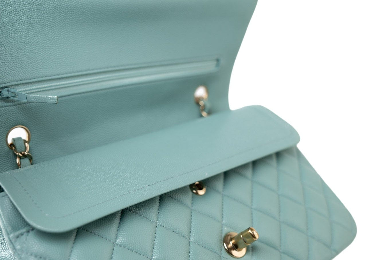 CHANEL Handbag 19c Tiffany Blue Caviar Quilted Classic Flap Light Gold Hardware -Knockoff
