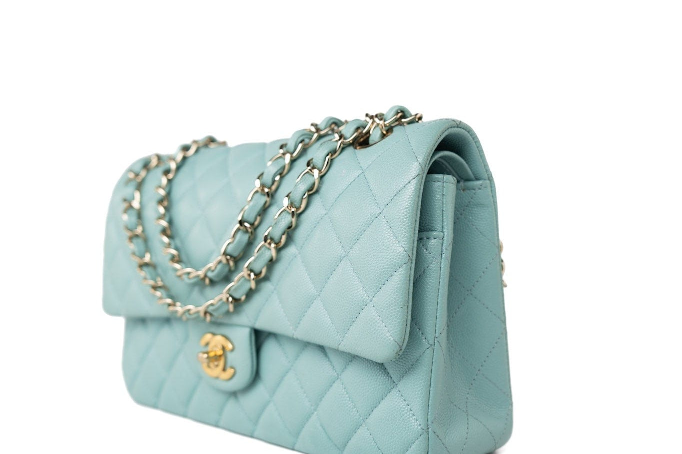 CHANEL Handbag 19c Tiffany Blue Caviar Quilted Classic Flap Light Gold Hardware -Knockoff
