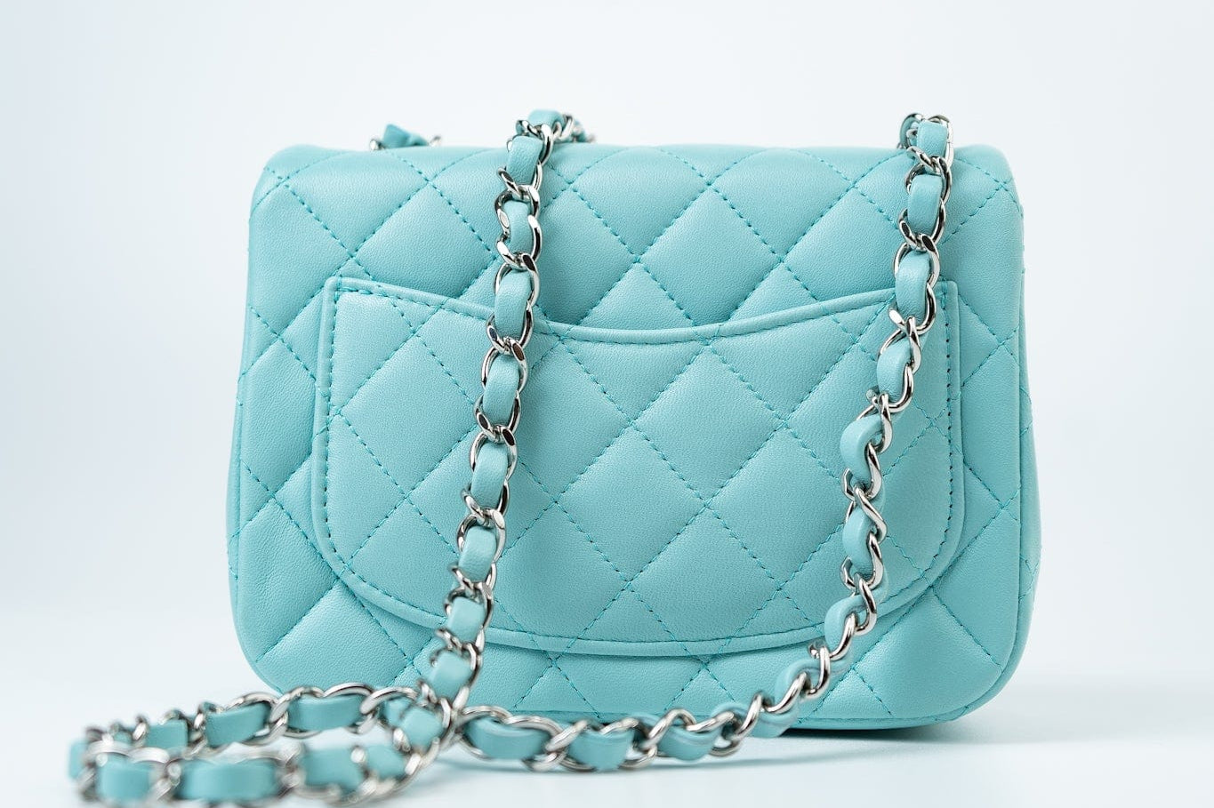 CHANEL Handbag 19c Tiffany Blue Lambskin Quilted Mini Square Single Flap Silver Hardware -Knockoff
