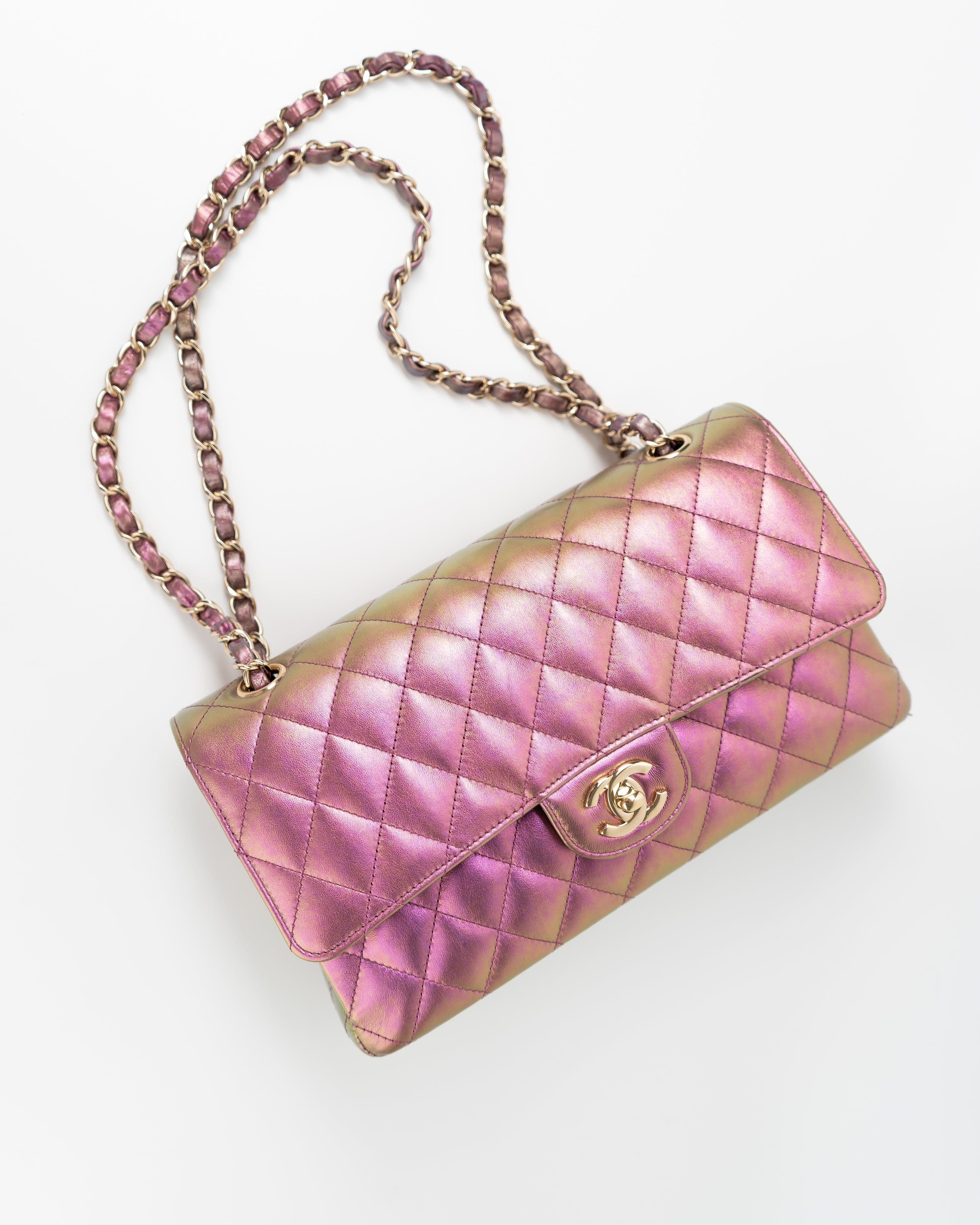 CHANEL Handbag 20B Purple Iridescent Lambskin Quilted Classic Flap Medium w/ Edge Stitching -Knockoff
