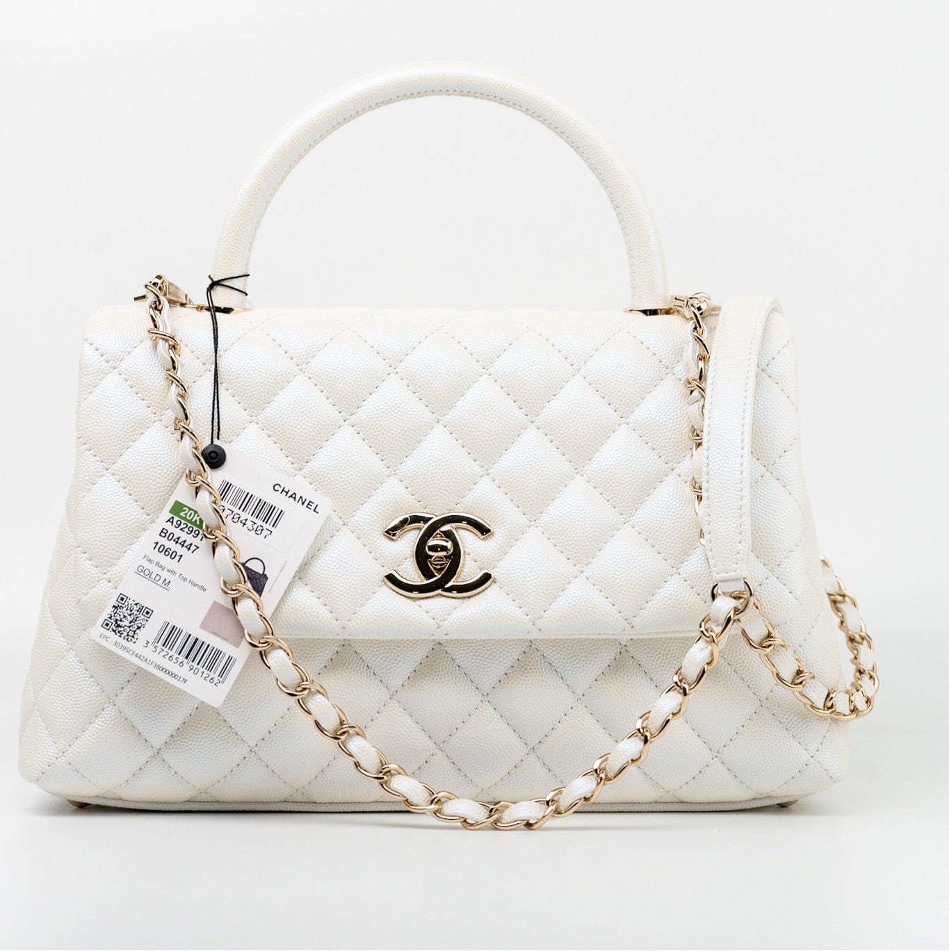 CHANEL Handbag 20K Iridescent White Caviar Quilted Coco Handle Medium Light Gold Hardware -Knockoff
