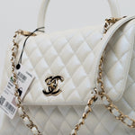 CHANEL Handbag 20K Iridescent White Caviar Quilted Coco Handle Medium Light Gold Hardware -Knockoff
