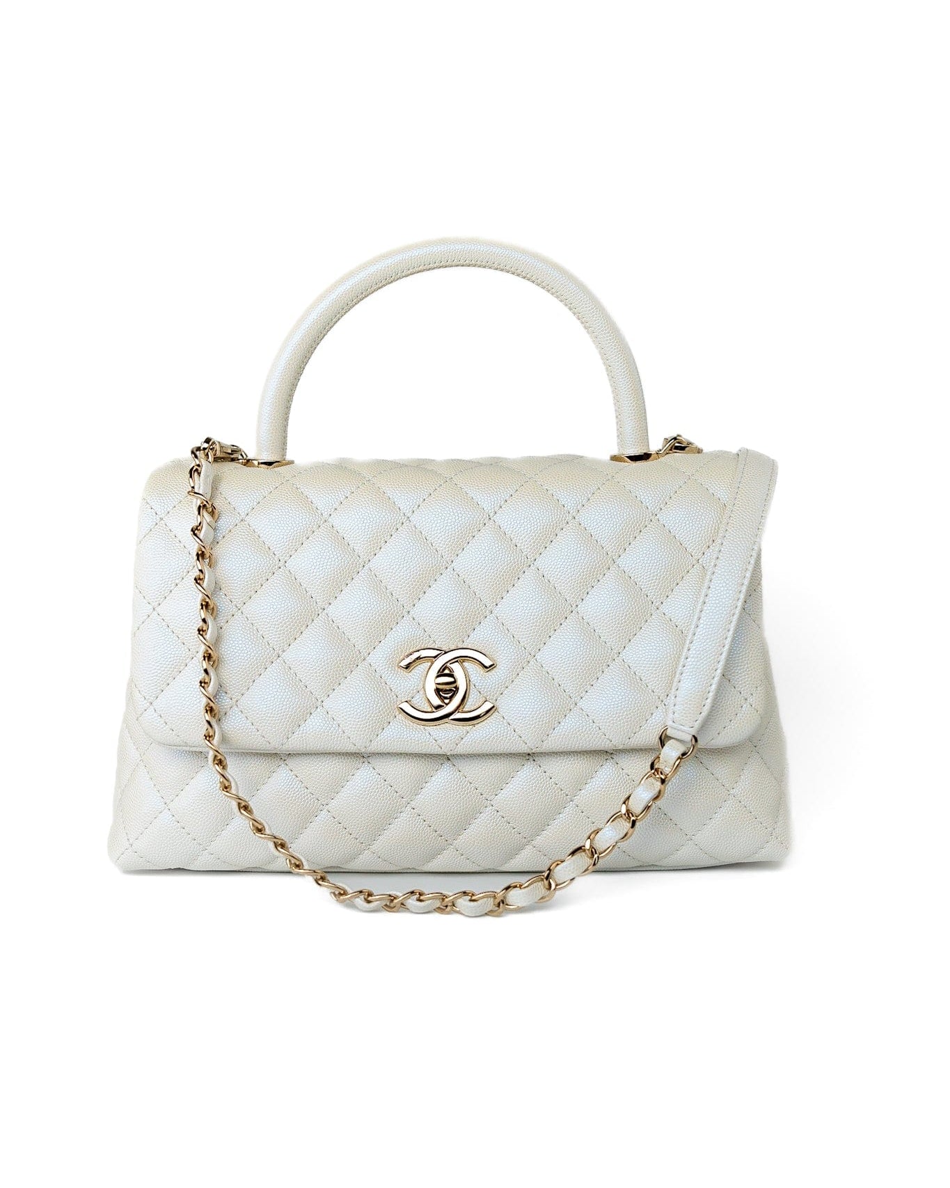 CHANEL Handbag 20K Iridescent White Caviar Quilted Coco Handle Medium Light Gold Hardware -Knockoff
