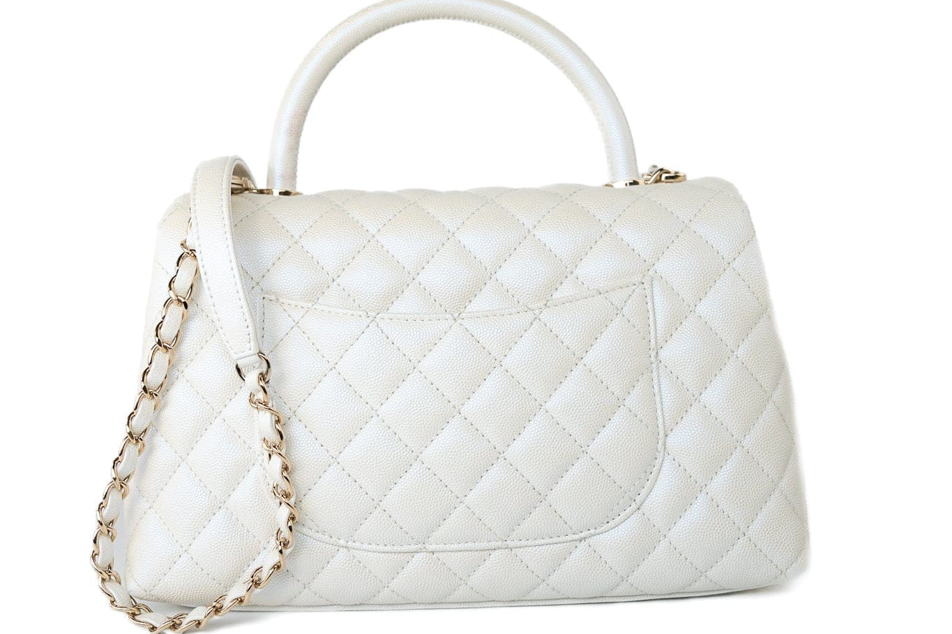 CHANEL Handbag 20K Iridescent White Caviar Quilted Coco Handle Medium Light Gold Hardware -Knockoff
