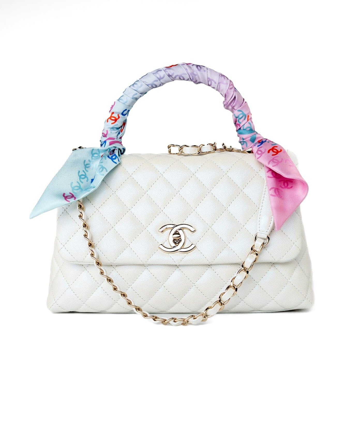 CHANEL Handbag 20K Iridescent White Caviar Quilted Coco Handle Medium Light Gold Hardware -Knockoff
