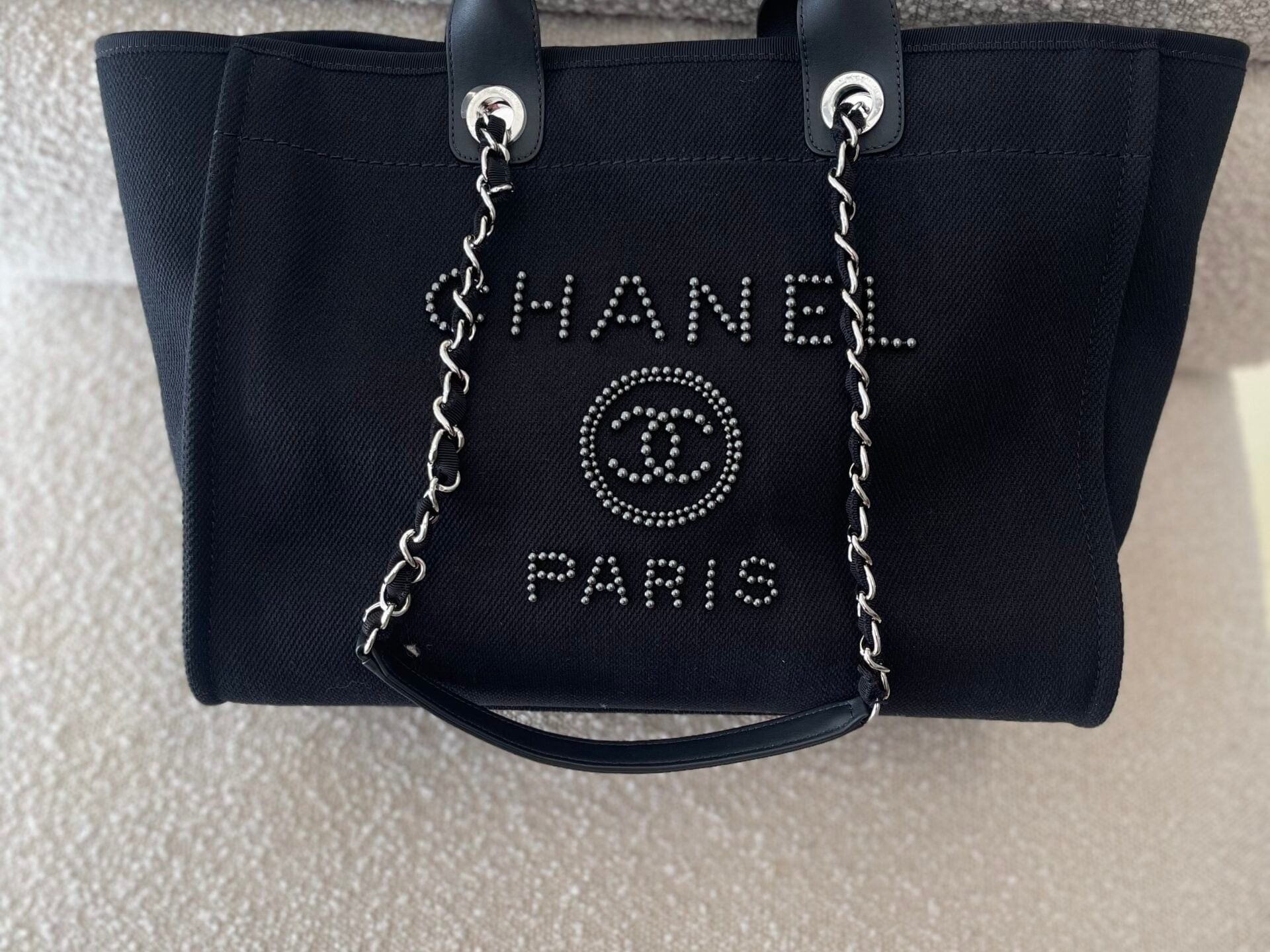 CHANEL Handbag 20S Black Large Deauville Shopping Bag Silver Hardware -Knockoff
