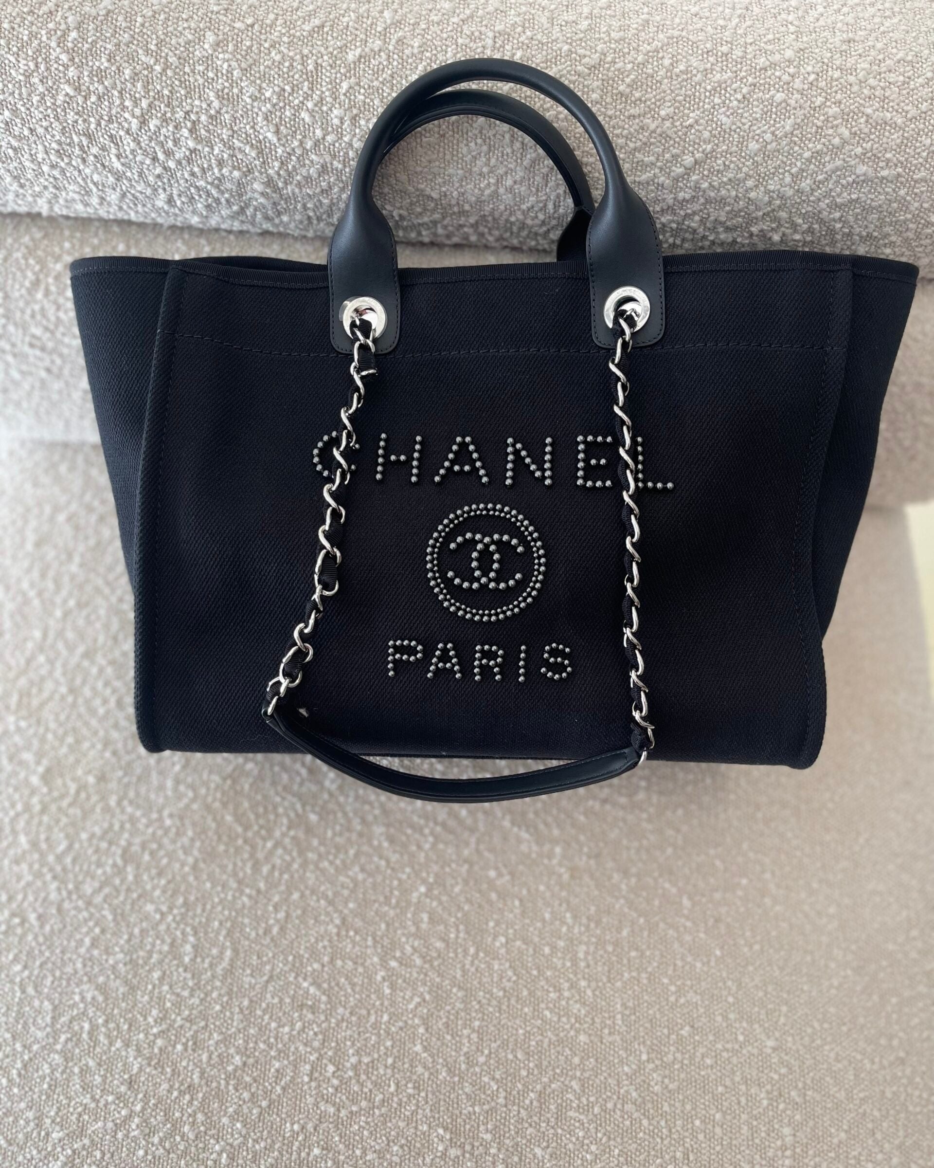 CHANEL Handbag 20S Black Large Deauville Shopping Bag Silver Hardware -Knockoff
