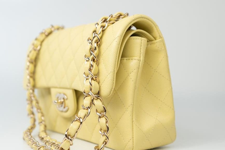 CHANEL Handbag 20S Yellow Caviar Quilted Classic Flap Small Light Gold Hardware -Knockoff
