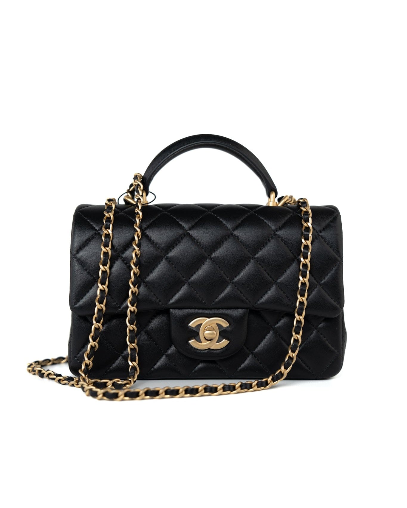 CHANEL Handbag 21A Black Lambskin Quilted Mini Top Handle Antique Gold Hardware -Knockoff
